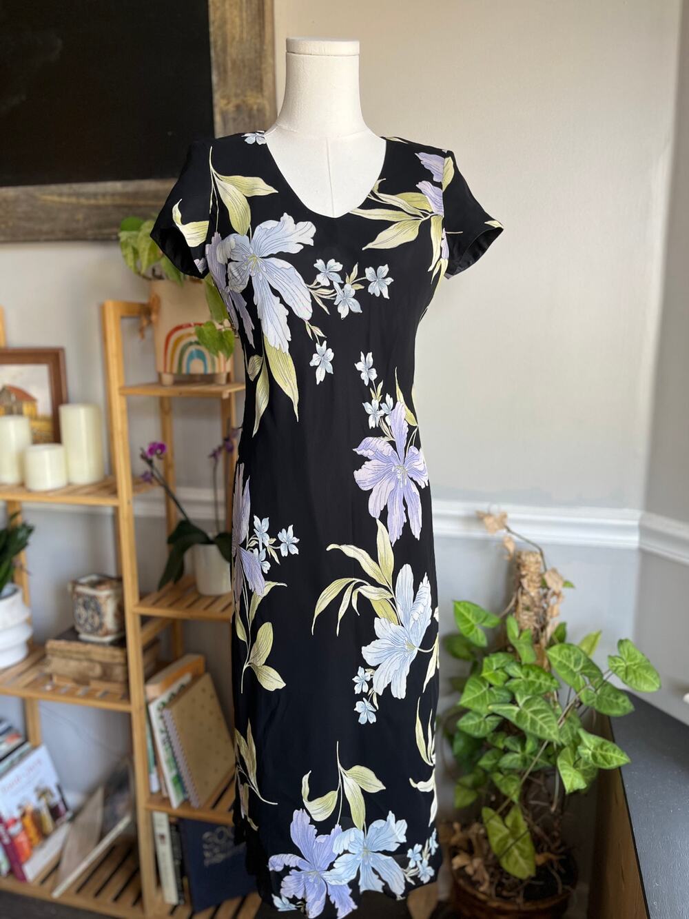 Vintage 90s Black Floral Dress Rayon Slinky Cap Sleeve Size Small